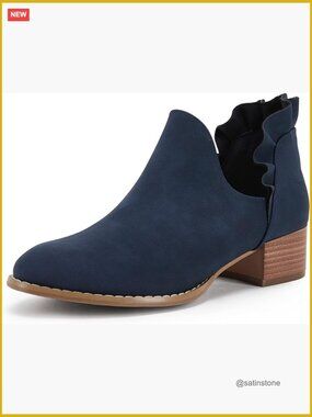 Ruffled Ankle Boots V Cut Out Pointed Toe Chunky Low Heel Dressy Western Booties